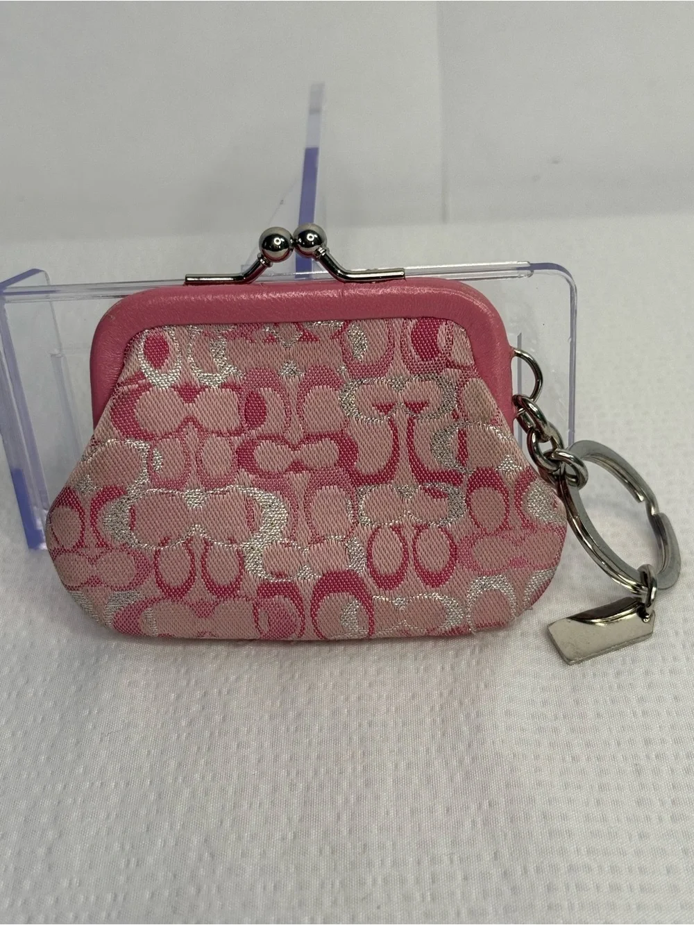 Coach Vintage Optic Pink Signature Kiss-Lock Coin Purse with Key Ring
